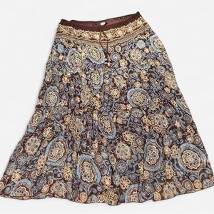Y2K Brown/blue paisley maxi skirt with sparkling rhinestones, and beaded tassels
